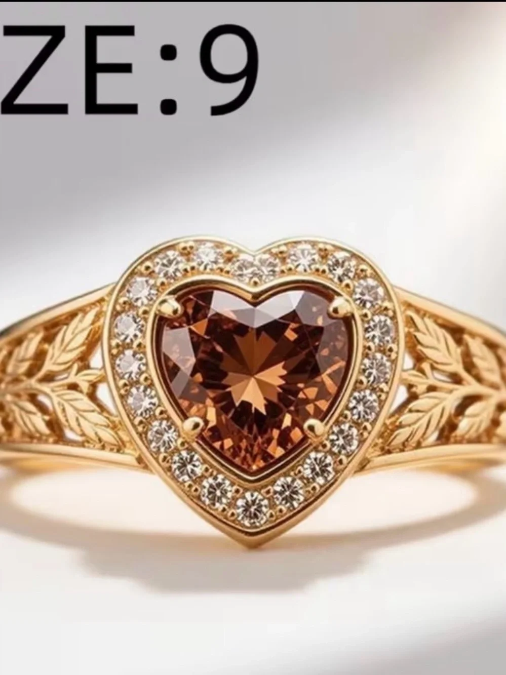 Gold Heart Ring with Brown Center Stone and Clear Accent Stones